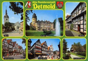 Postkarte. Alte Residenzstadt Detmold. Markt, Schülerstraße, Lange Straße, Freilichtmuseum, Altstadt, Schloß