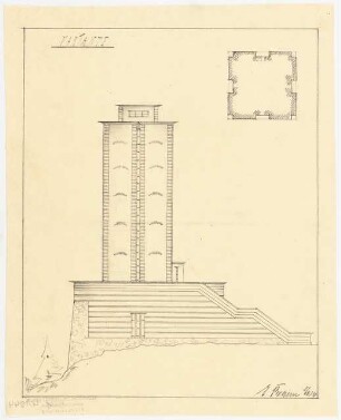 Aussichtsturm: Seitenansicht, Grundriss 1:150 (Variante)
