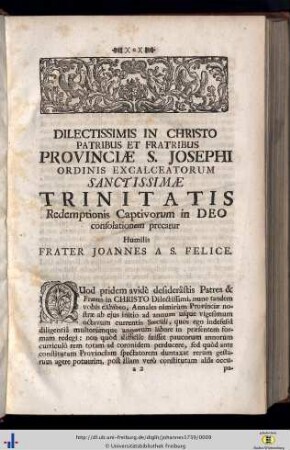 Dilectissimis in Christo patribus et fratribus provinciae S. Josephi ordinis excalceatorum sanctissimae Trinitatis...
