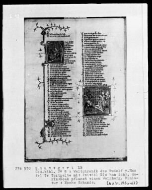 Weltchronik des Rudolf von Ems — Textseite mit zwei Miniaturen, Folio 7verso