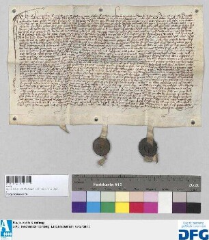 Hanns Loterpeck zu Rotenfels und Kathrein, dessen Ehefrau, verkaufen Elspet, Hansen von Lydwachs Witwe, ihrer Muhme, ihre Güter, Zinse, Fischwasser (in der Schwarzach) und Holzmarken zu Loterpach und setzen zu Bürgen Conrad den Uttelhofer zu Teyning und Hans den Struppger zu Perg. - Siegler: der Aussteller und die beiden Bürgen.