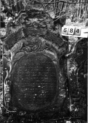 Grabstein 584 (Index: 99753078) Material: Sandstein Zustand: verwittert Maße HxBxT: 162x91x8 cm Beschreibung: Stele, geschwungen eingezogenerb Rundbogenabschluß, ovales Schriftfeld Symbolik: Muschel, Ranken, Schriftband, Blumen: Grabstein 584