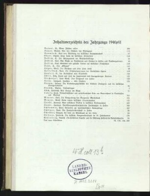 Inhaltsverzeichnis des Jahrgangs 1940/41