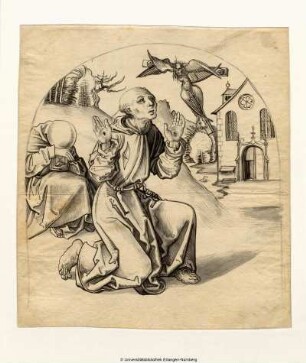 Der Heilige Franz, nach rechts kniend, empfängt von Christus, der rechts oben als gekreuzigter Seraph erscheint, die Wundmale