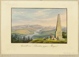 Aussicht vom Lilienstein nach Osten über das Elbtal und die Sächsische Schweiz, rechts der Obelisk zum Gedenken an die Besteigung durch August den Starken im Jahr 1708