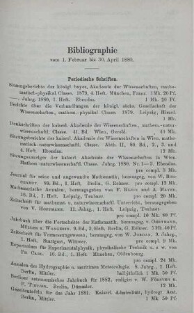 Bibliographie vom 1. Februar bis 30. April 1880.