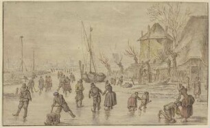 Winterlandschaft, auf dem Eis viele Schlittschuhläufer, rechts schnallt ein Mann einer Frau die Schlittschuhe an