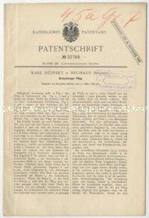 Patentschrift eines dreischarigen Pfluges, Patent-Nr. 33768