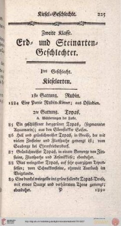 Zweite Klasse- Erd- und Steinarten-Geschlechter / Istes Geschlecht. Kieselarten