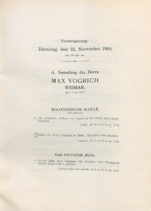 Versteigerung: Dienstag, den 22. November 1904, von 10 Uhr ab
