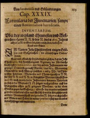 Cap. XXXIX. Formularia der Inventarien/ sampt einer Renunciation haereditatis.