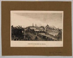 Das Wilsche Tor (Wilsdruffer Tor) an Stelle des heutigen Postplatzes in Dresden vor seiner Beseitigung 1811, Blick nach Nordosten, nach Canaletto, aus den Abbildungen zur Chronik Dresdens von 1835