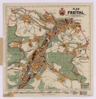 Stadtplan von Freital, 1:10 000, Lithographie, 1925 : Plan von Freital / bearbeitet vom Vermessungsbüro Otto Flach und vom Stadtvermessungsamt. - 1:10 000. - Dresden : Hermann , 1925. - 1 Kt. : mehrfarb. Lithogr. ; Blattgr. 49 x 49 cm + Mit Beih. (10 S.)