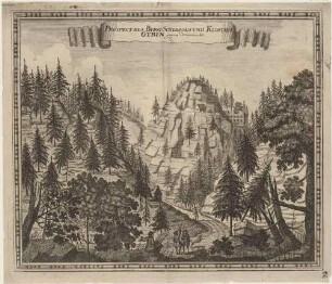 Der Oybin mit der Klosterruine inmitten des Waldes im Zittauer Gebirge, im Vordergrund Staffagefiguren mit Zeichner