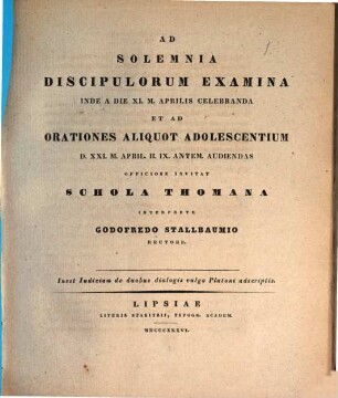 Ad sacra anniversaria in Schola Thomana ... pie celebranda invitat, 1836