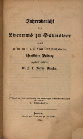 Jahresbericht des Lyceums 1 zu Hannover : über d. Schuljahr .., 1852