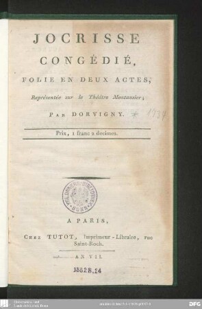 Jocrisse congédie : folie en deux actes ; représentée sur le Théâtre Montansier