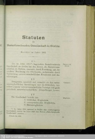 Statuten der Naturforschenden Gesellschaft in Görlitz : Revidirt im Jahre 1892