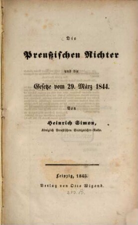 Die Preussischen Richter und die Gesetze vom 29. März 1844
