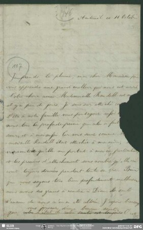 Eigenh. Brief von Unbekannt an August Wilhelm von Schlegel, Auteuil, 11.10.1813