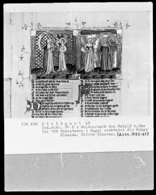 Weltchronik des Rudolf von Ems — Textseite mit Doppelminiatur, Folio 108recto