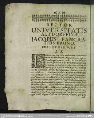 Rector Universitatis Altdorffinae Jacobus Pancratius Bruno