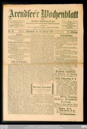 Arendsee'r Wochenblatt, Nr. 23. Sonnabend, den 21. Februar 1920.