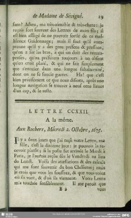 Lettre CCXXII. A la même. Aux Rochers, Mécredi 2. Octobre, 1675