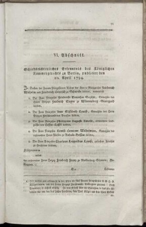 VI. Abschnitt. Schiedsrichterliches Erkenntnis des Königlichen Kammergerichts zu Berlin, publicirt den 10. April 1794.