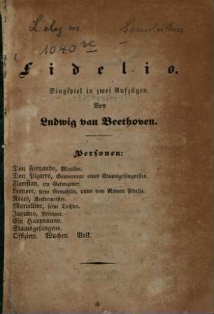 Fidelio : Singspiel in zwei Aufzügen. Von Ludwig van Beethoven