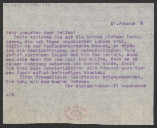Brief an Bernhard Sekles : 17.01.1918
