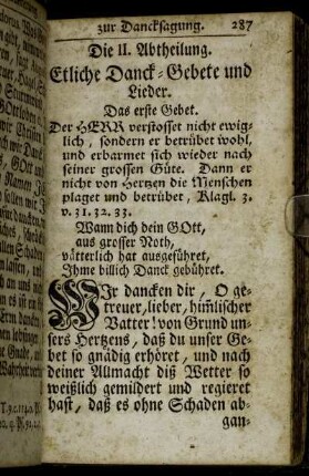 Die II. Abtheilung. Etliche Danck-Gebete und Lieder.