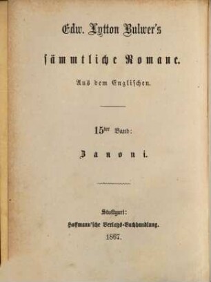 Edw. Lytton Bulwer's sämmtliche Romane, 15. Zanoni : Eine Erzählung