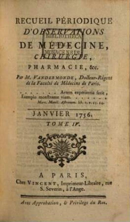 Recueil périodique d'observations de médecine, de chirurgie et de pharmacie. 4. 1756