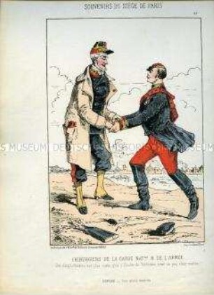 Karikatur, Feldchirurgen der National-Garde und der Armee am Schlachtfeld, Frankreich 1870. Tafel 24 aus: Souvenirs du Siège de Paris. Les Défenseurs de la Capitale.