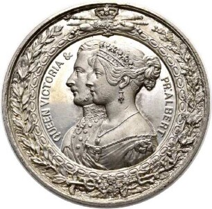 Medaille auf die Londoner Weltausstellung 1851 mit Doppelportrait von Königin Viktoria und Prinz Albert sowie einer Darstellung des Kristallpalasts