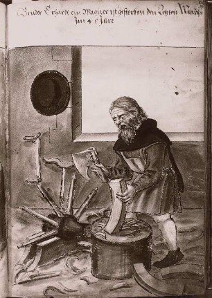 1. Originalband der Landauerschen Stiftungsbücher mit 276 gemalten Handwerkerbildern : Der Wagner, Buchmalerei, 16./17. Jh.