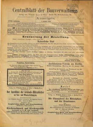 Zentralblatt der Bauverwaltung. Anzeiger. 18. 1898