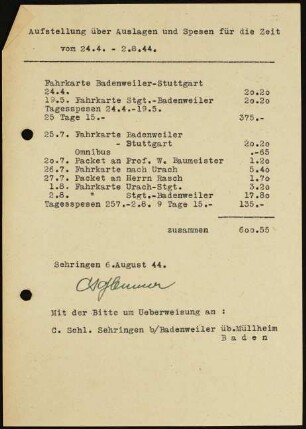 Aufstellung über Auslagen und Spesen für die Zeit vom 24.4.-2.8.44.