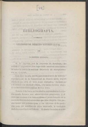 Lecciones de derecho constitucional por Florencio González. : Bibliografía. [Reseña de libro]