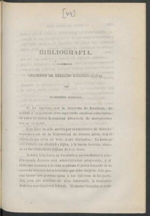 Lecciones de derecho constitucional por Florencio González. : Bibliografía. [Reseña de libro]