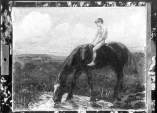 Pferd an der Tränke mit reitendem Knaben : Pferd an der Tränke mit reitendem Knaben. Öl/Leinwand; nach 1900