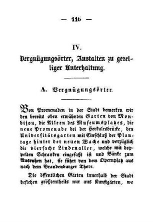 IV. Vergnügungsörter, Anstalten zu geselliger Unterhaltung