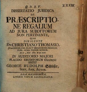 Dissertatio Juridica De Praescriptione Regalium Ad Jura Subditorum Non Pertinente