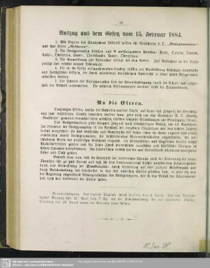 Auszug aus dem Gesetz vom 15. Februar 1884