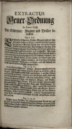 Extractus Feuer-Ordnung de Anno 1728. Die Schreiner, Wagner, und Dräher betreffend