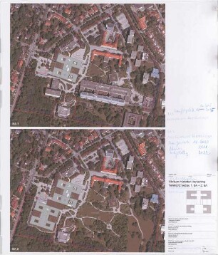 Hansjakob, Gottfried; München - Harlaching; Klinikum, Teilersatzneubau - Freiflächenplanung (Luftaufnahme mit Einzeichnungen)
