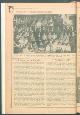 Sociedad Hijos del Ayuntamiento de Lage : [Retrato de grupo de los] Concurrentes a la tertulia familiar celebrada por la sociedad del título en el "Ideal Salón" [...]