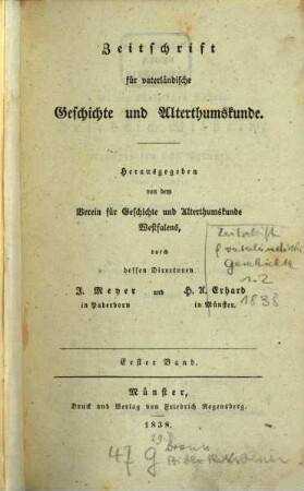 Zeitschrift für vaterländische Geschichte und Altertumskunde. 1, 1. 1838