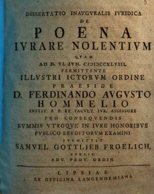 Dissertatio Inavgvralis Ivridica De Poena Ivrare Nolentivm